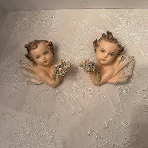 Antique Cherub Angels Holding Bouquets Bisque Wall Figurine Busts INTERCO ITALY